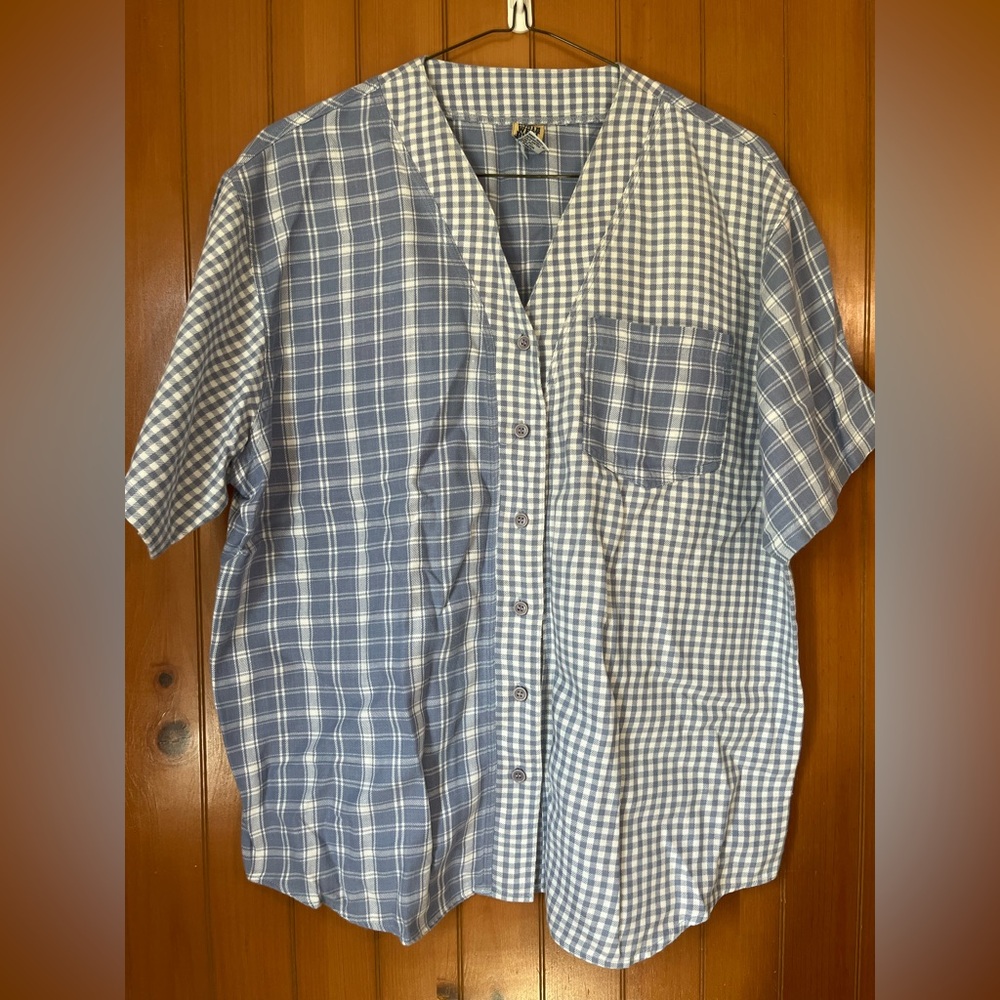 Northwest Blue Woman Button Up short sleeve Shirt Women Size 18 patchwork plaid